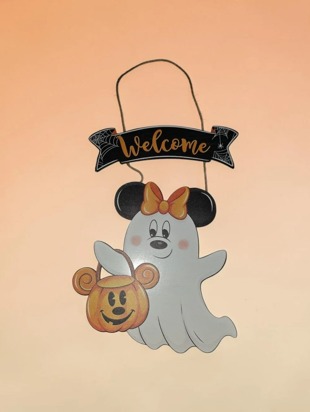 Minnie Halloween Ghost Door Hanger - White and Orange Welcome Sign